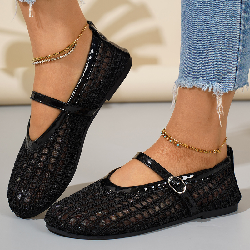 Women's Cut-Out Mesh Single-Strap Mary Jane Flats