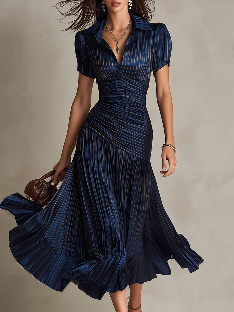 Adriana | Vestido Midi de Satén Rayado Estilo Retro