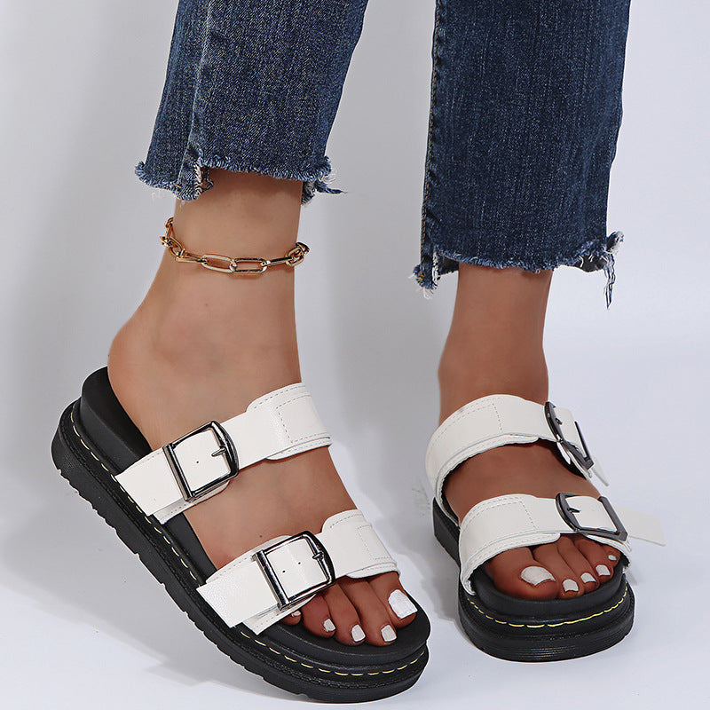 Women's Double Buckle Platform Sandals - Chunky Thick Sole Slide Sandals with Adjustable Straps