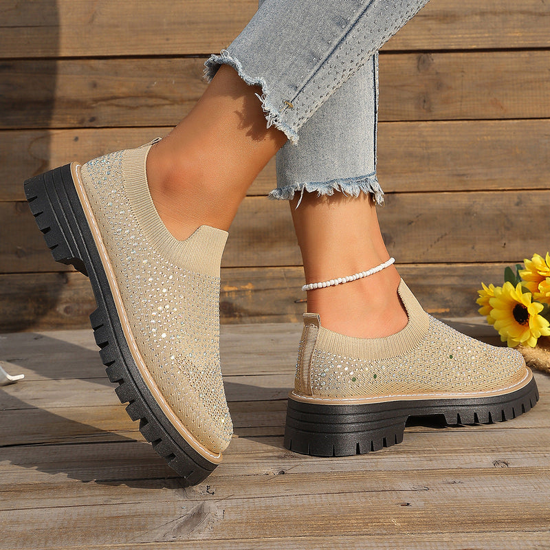 Women's Sparkly Rhinestone Knit Platform Slip-On Loafers