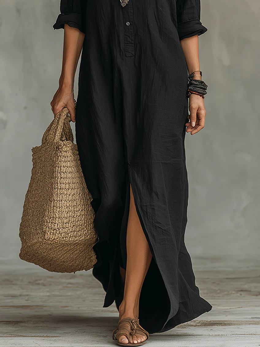 Alessia - Vestido Maxi Negro Suelto con Botones