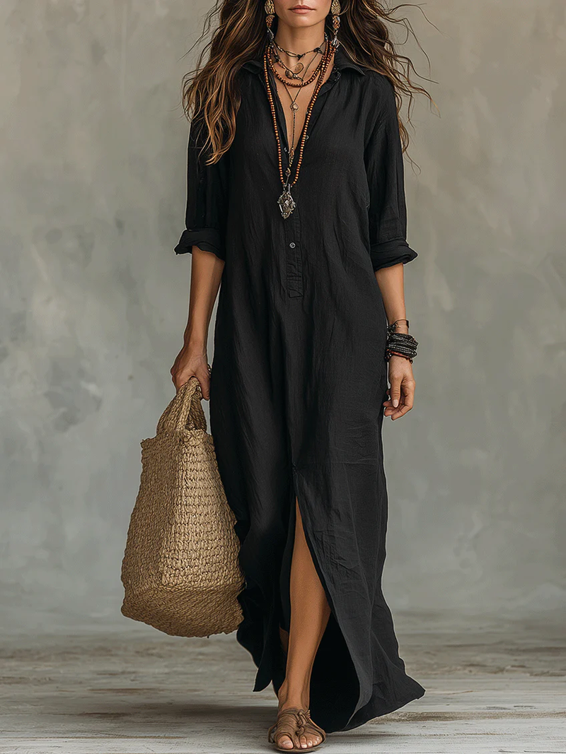 Alessia | Vestido Maxi Negro Suave con Botones
