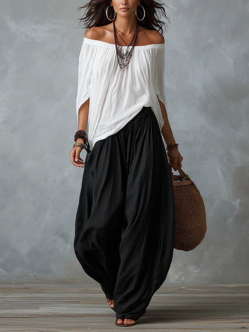 Aaliyah | Conjunto Top Hombros Descubiertos y Pantalón Lantern, Mezcla de Rayón