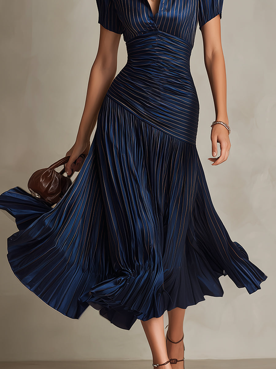 Adriana | Vestido Midi de Satén Rayado Estilo Retro