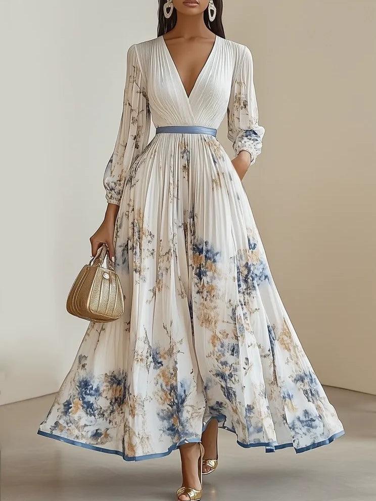 Amalia | Vestido Maxi de Gasa Floral Blanco con Mangas Voluminosas