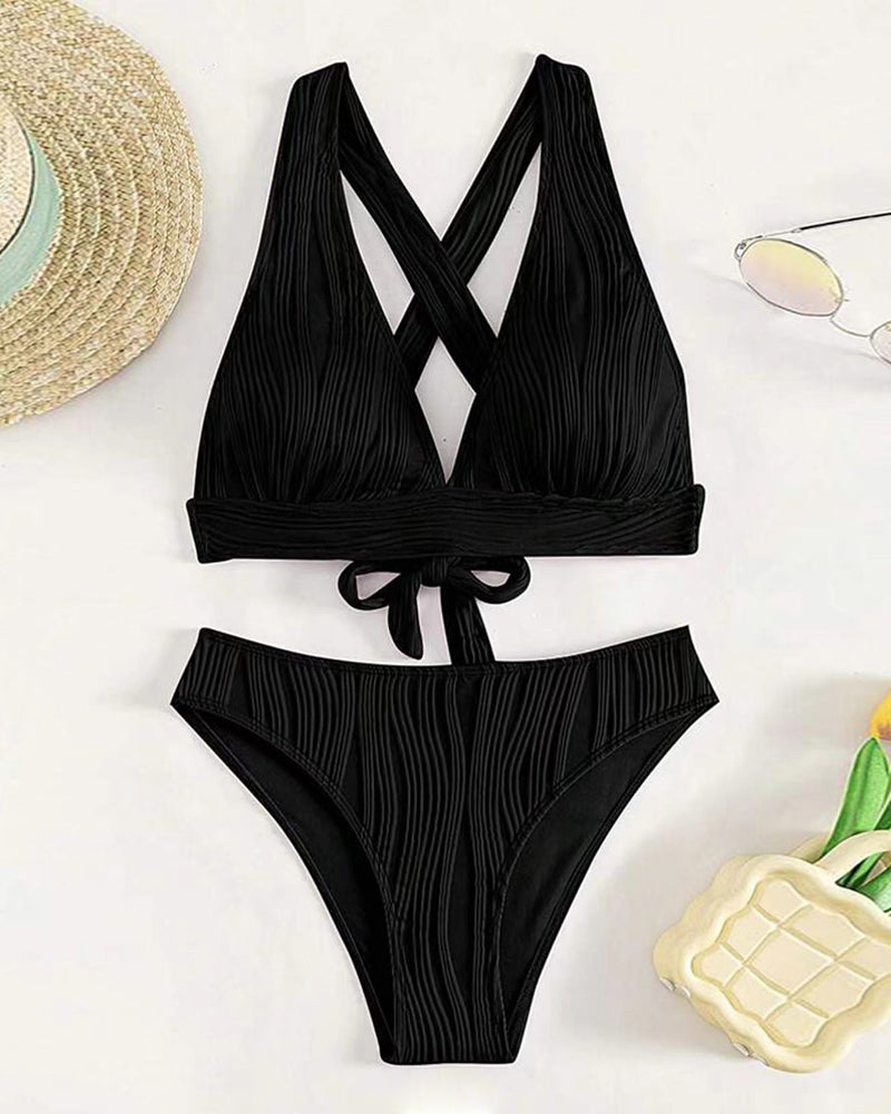 Bikini sexy con escote en V profundo de color liso