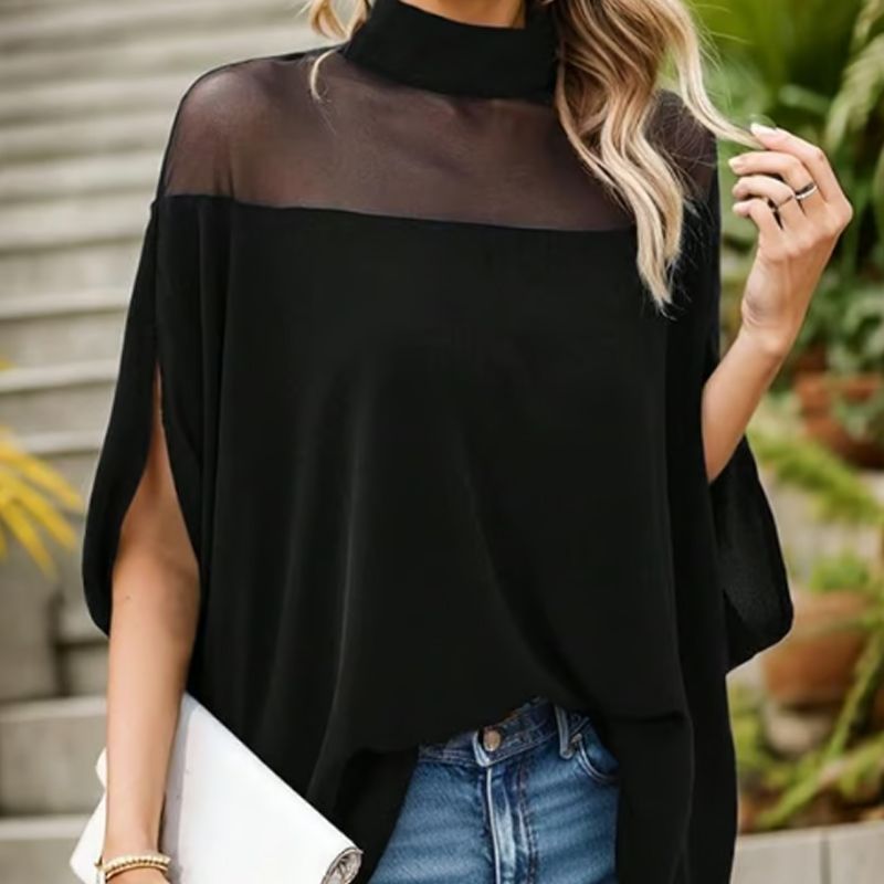 👗 ¡50% DE DESCUENTO POR TIEMPO LIMITADO! Blusa casual para mujer con cuello alto y mangas murciélago