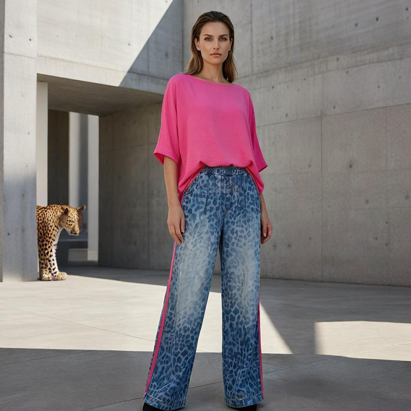 💖 Conjunto de 2 piezas para mujer – Top rosa intenso y pantalón de leopardo – Holgado, cómodo y transpirable – Para ocio y salidas, S-5XL