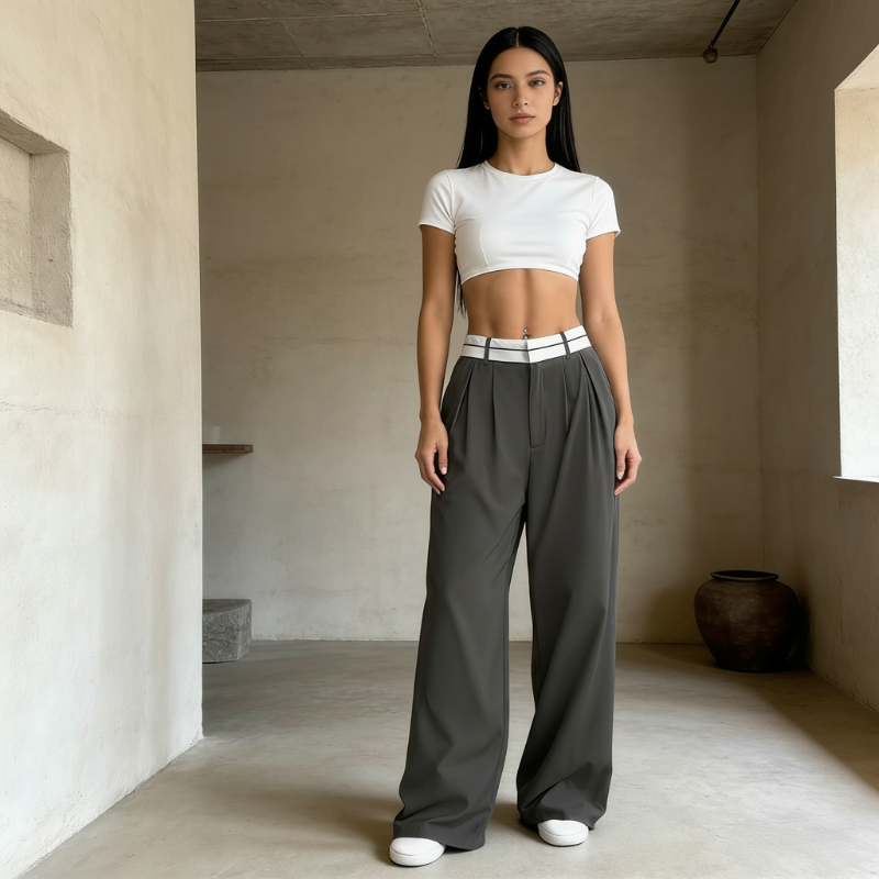 Pantalón de vestir para mujer de pierna ancha con cintura en contraste