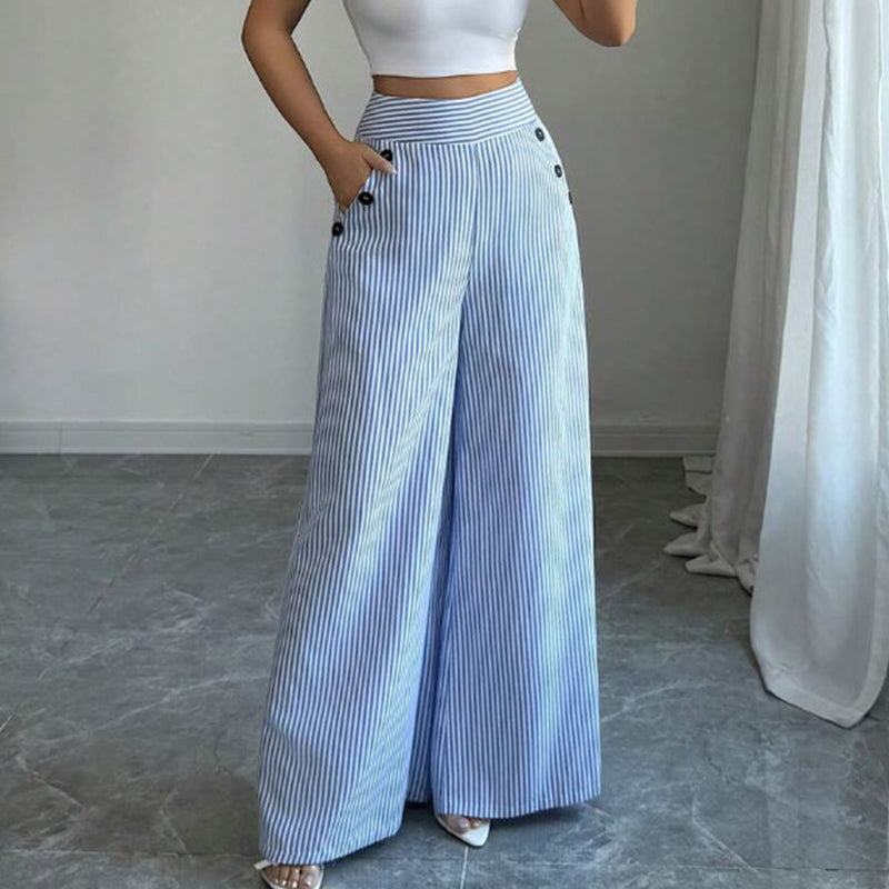 Pantalón de lino para mujer con rayas azul y blanco 👖 Tiro alto y corte recto holgado