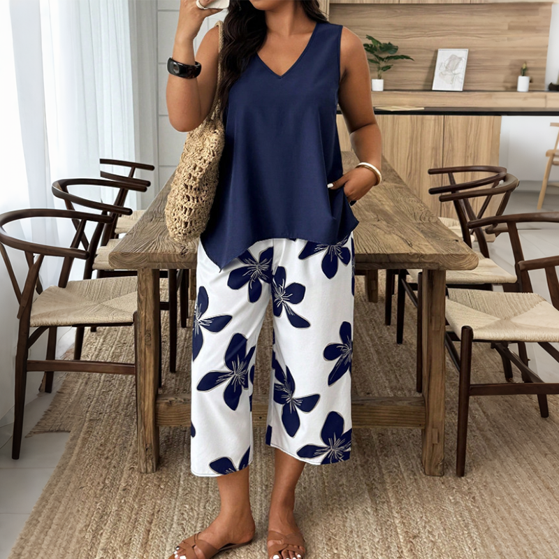 🌸 SOLO POR TIEMPO LIMITADO: ¡50% DE DESCUENTO! ✨ Conjunto de top asimétrico y pantalón capri con estampado floral para mujer – versátil, colorido y cómodo 🌺