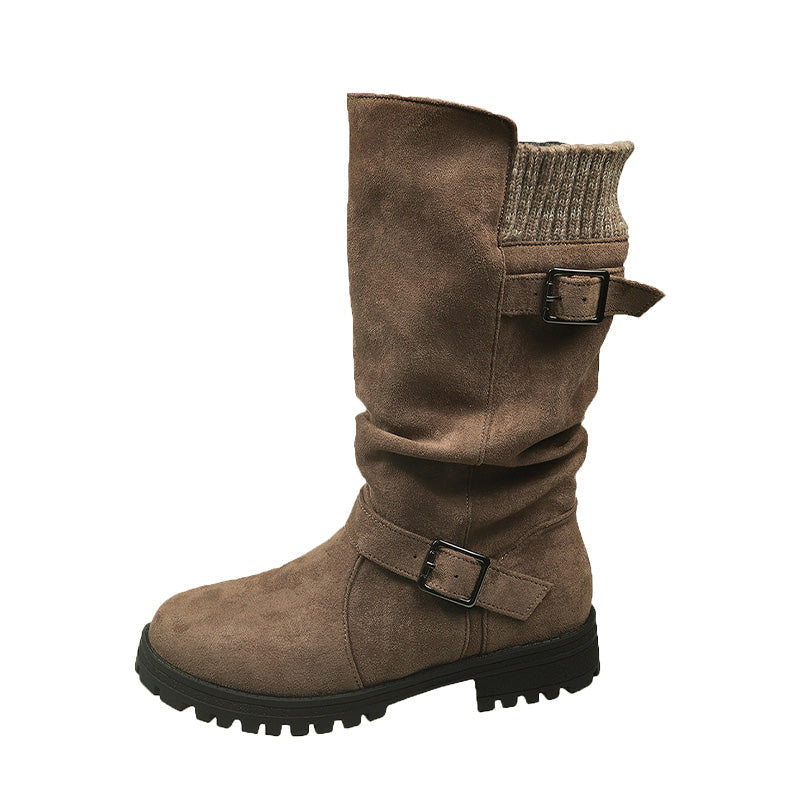 Botas slouchy de caña media en caqui con puño de punto, vista lateral