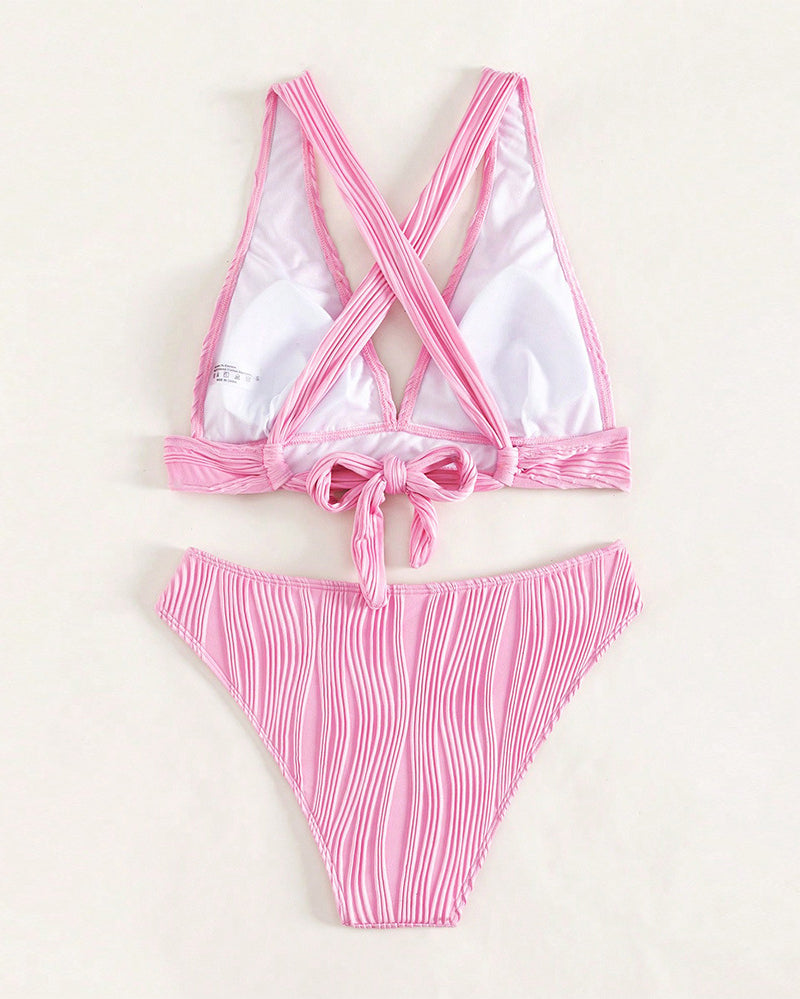 Bikini sexy con escote en V profundo de color liso