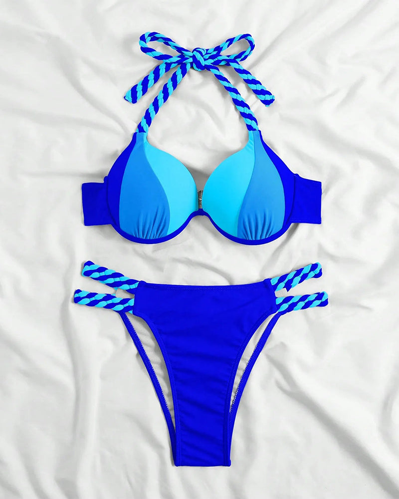 Conjunto de bikini de espalda descubierta color block