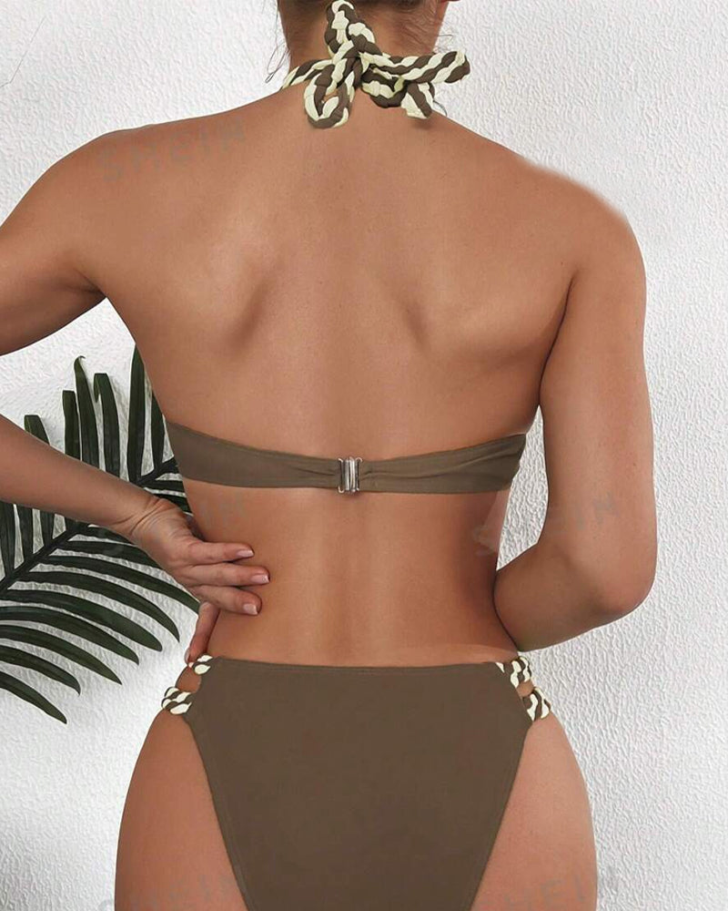 Conjunto de bikini de espalda descubierta color block