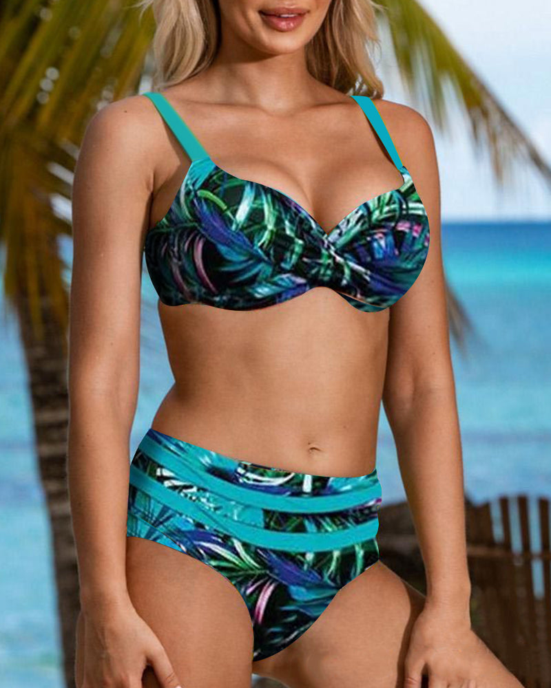 Bikini con estampado de hojas de tiro alto