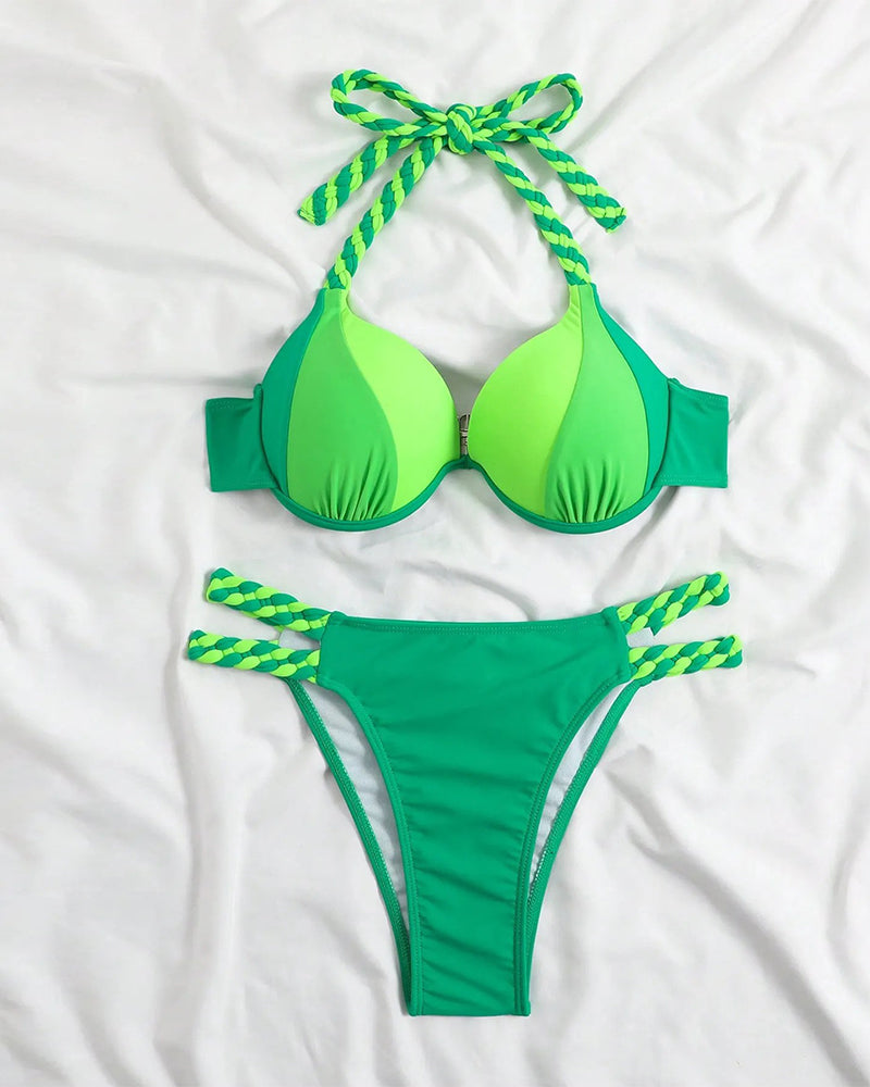 Conjunto de bikini de espalda descubierta color block