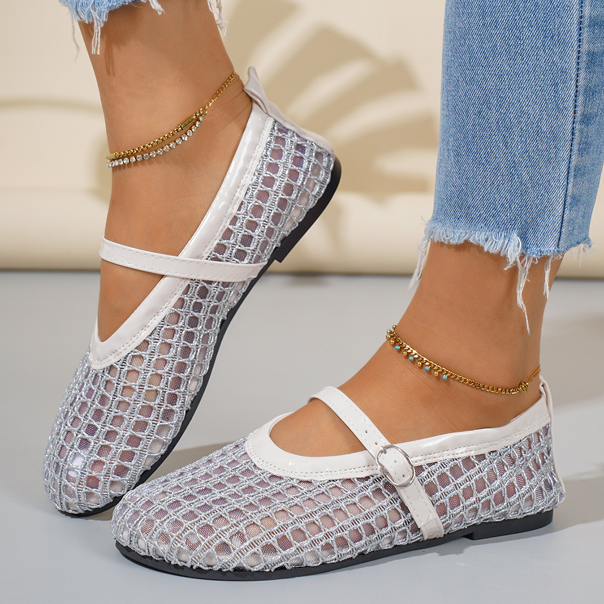 Women's Cut-Out Mesh Single-Strap Mary Jane Flats