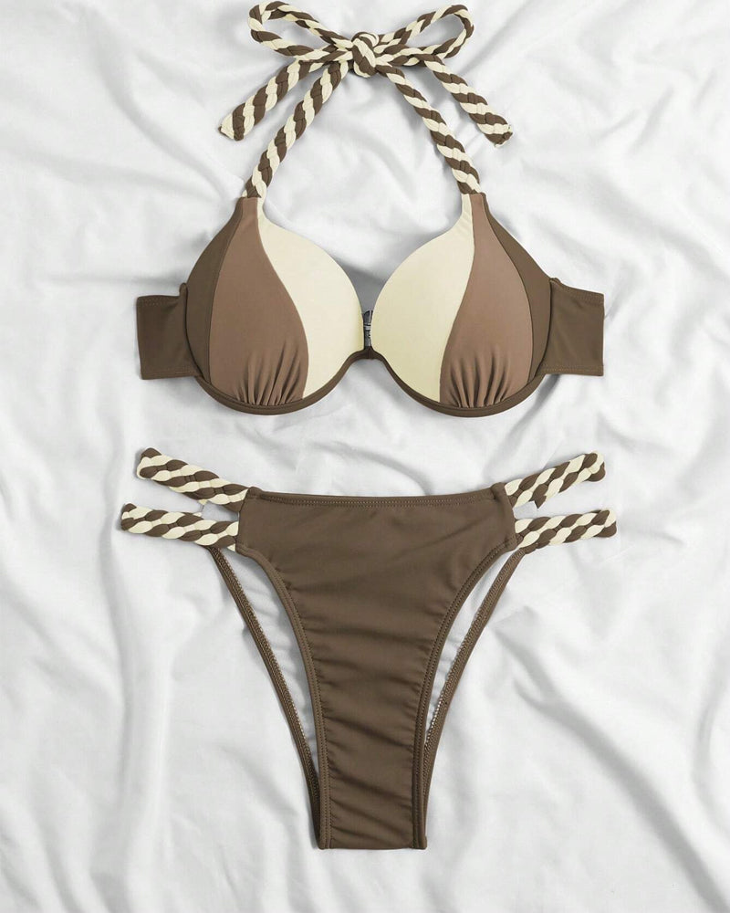 Conjunto de bikini de espalda descubierta color block