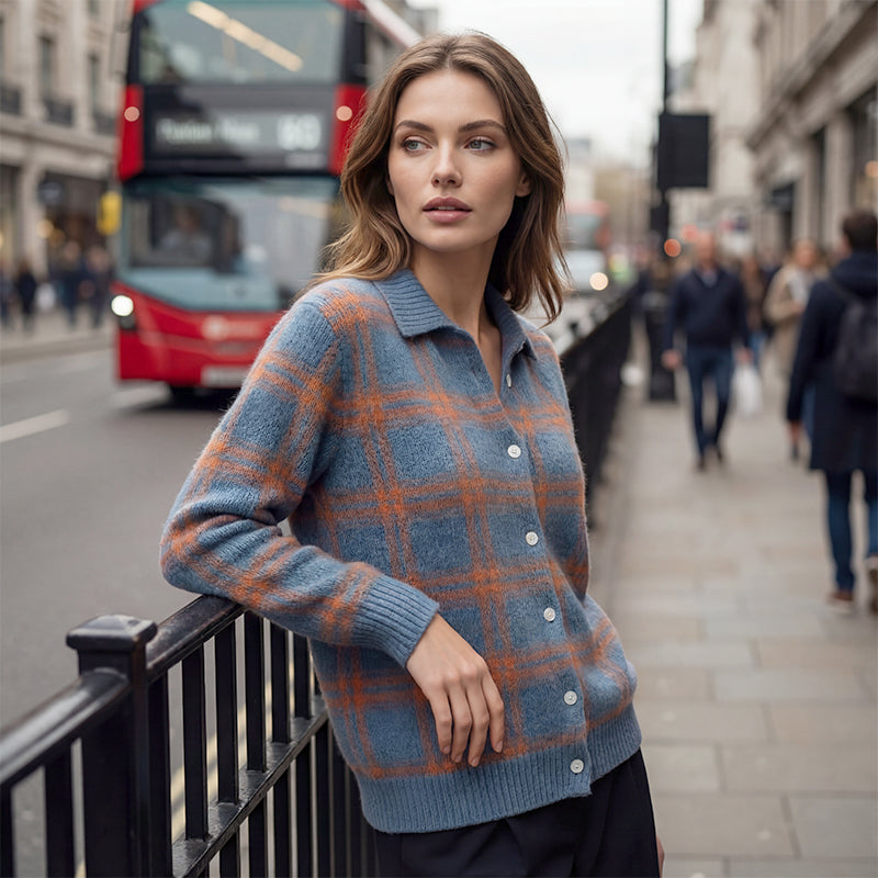 ⌛ ¡Solo 3 días – 50% en todo! ⏰Chaqueta de punto para mujer con estampado de cuadros y botonadura