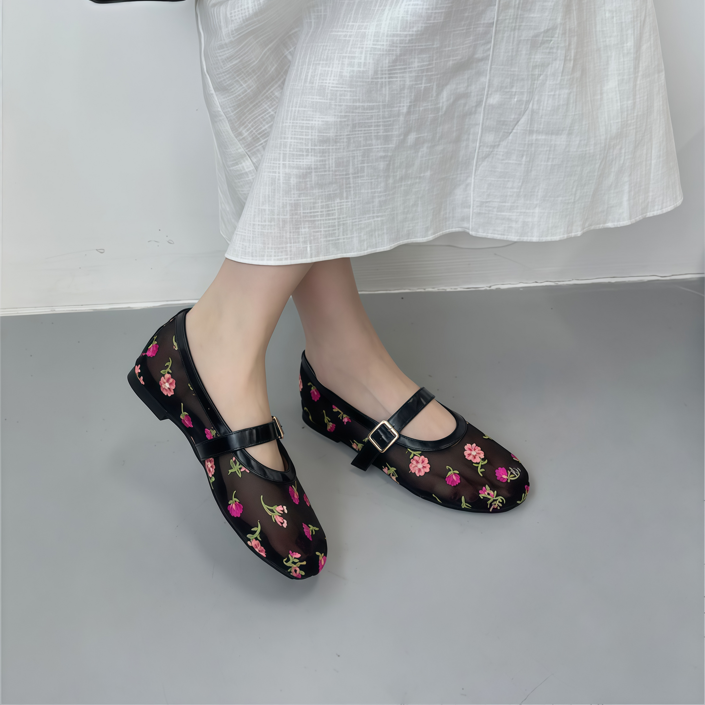 Women's Floral Embroidered Mesh Mary Jane Flats with Buckle Strap
