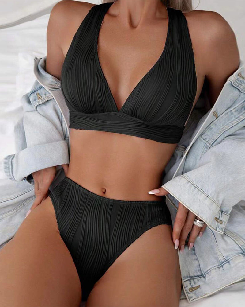 Bikini sexy con escote en V profundo de color liso