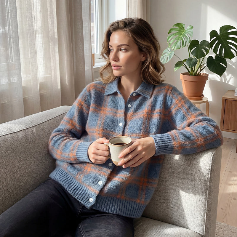 ⌛ ¡Solo 3 días – 50% en todo! ⏰Chaqueta de punto para mujer con estampado de cuadros y botonadura