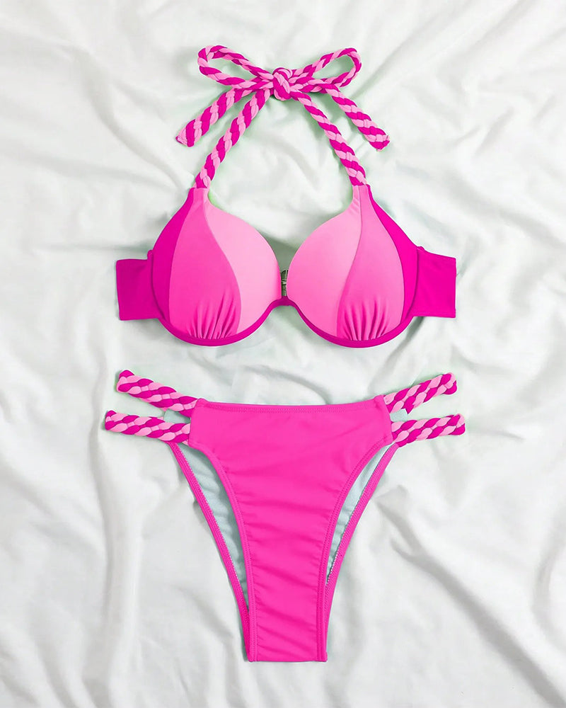 Conjunto de bikini de espalda descubierta color block