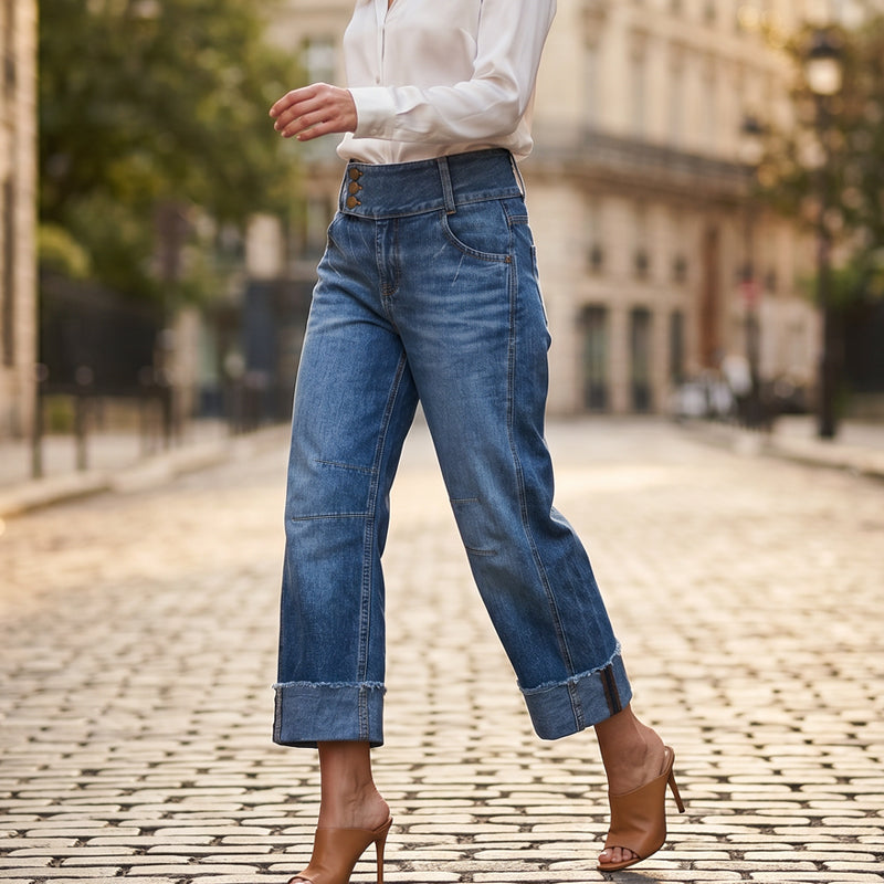 ⏰ 50% DE DESCUENTO – Solo por tiempo limitado ✨👖 Vaqueros cropped favorecedores de tiro alto y pernera ancha – Cierre de 3 botones, bajos remangados y calidad transpirable