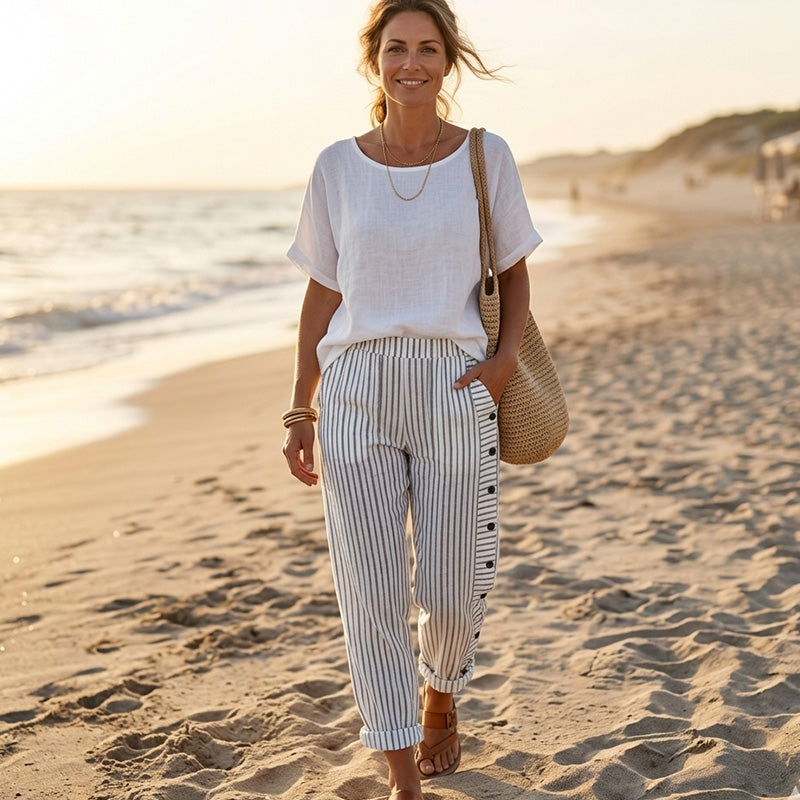 ☀️ Venta caliente de primavera 50% DE DESCUENTO!! 🌿🌸 Cómodo pantalón de rayas azules con bolsillos laterales
