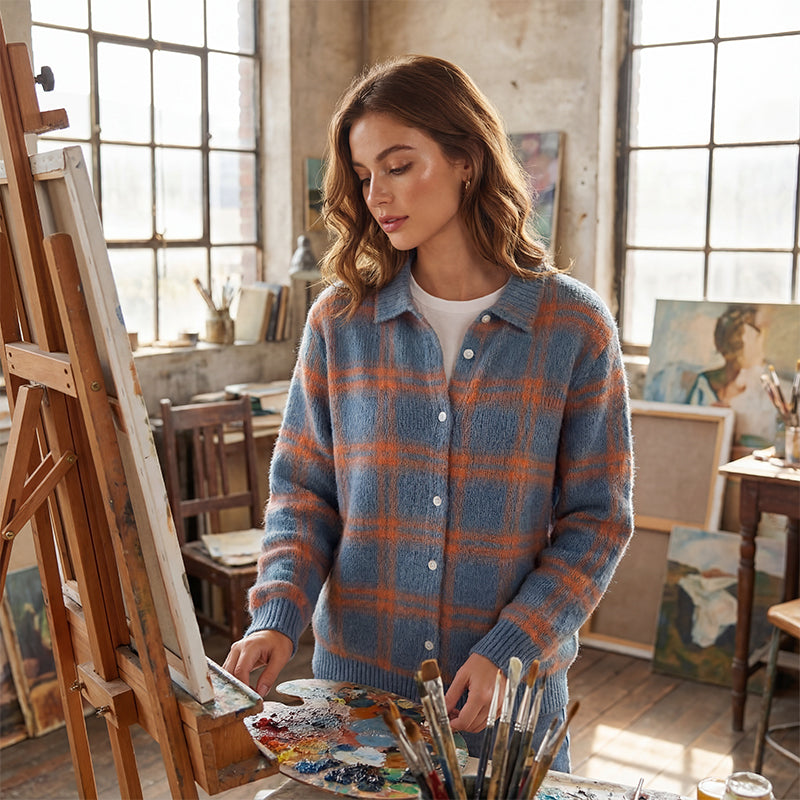 ⌛ ¡Solo 3 días – 50% en todo! ⏰Chaqueta de punto para mujer con estampado de cuadros y botonadura