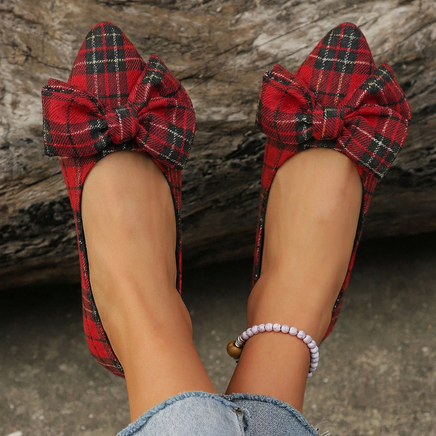 Women's Plaid Pointed Toe Flats with Big Bow - Classic Tartan Bowknot Ballet Flats