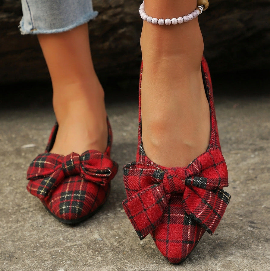 Women's Plaid Pointed Toe Flats with Big Bow - Classic Tartan Bowknot Ballet Flats