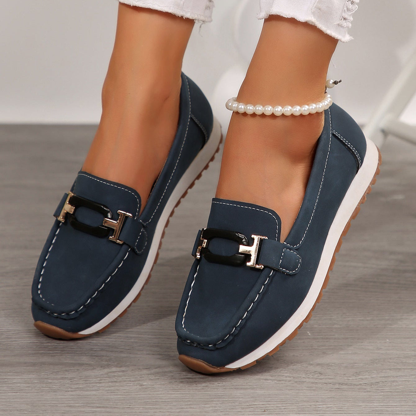 Women's Gold Buckle Suede Loafers – Comfortable Casual Platform Slip-On Shoes
