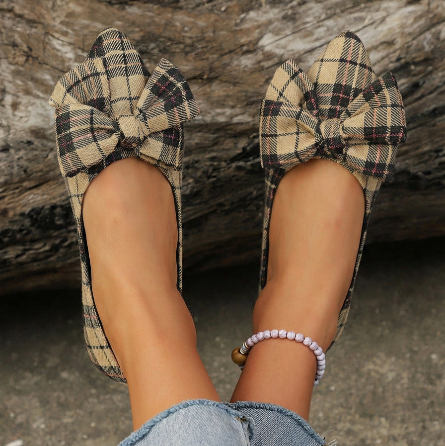 Women's Plaid Pointed Toe Flats with Big Bow - Classic Tartan Bowknot Ballet Flats
