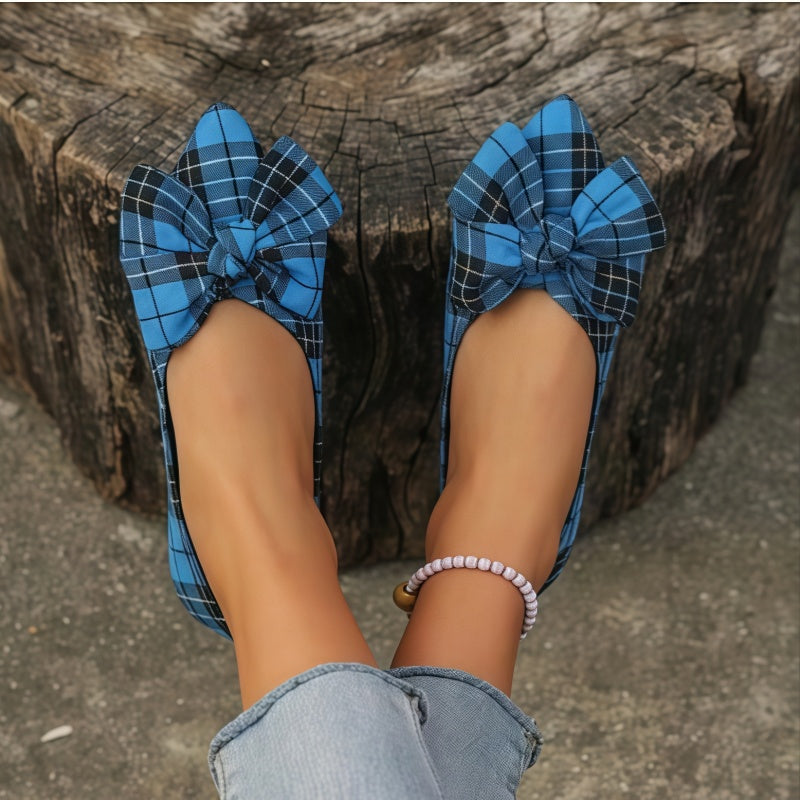 Women's Plaid Pointed Toe Flats with Big Bow - Classic Tartan Bowknot Ballet Flats