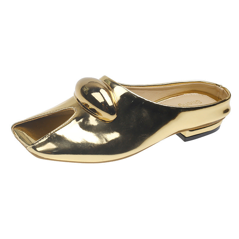 Women's Metallic Peep Toe Mule Sandals with Gold Buckle – Chic Low Heel Slip-On Shoes