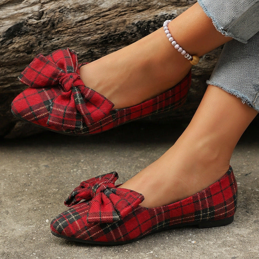Women's Plaid Pointed Toe Flats with Big Bow - Classic Tartan Bowknot Ballet Flats