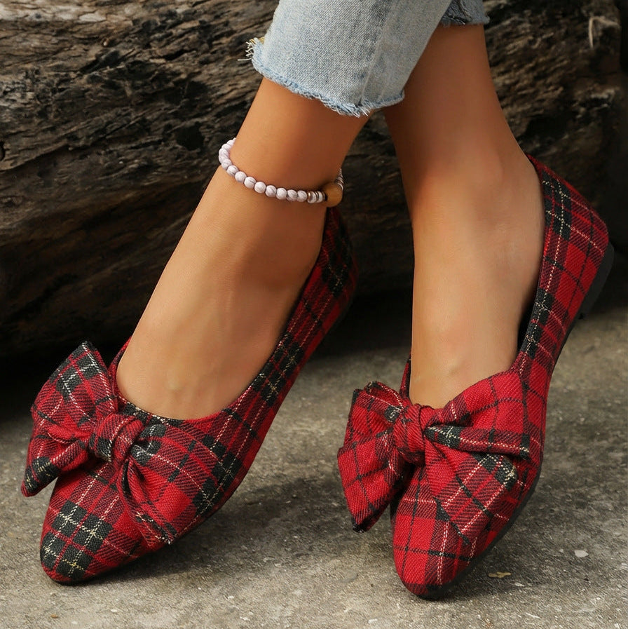 Women's Plaid Pointed Toe Flats with Big Bow - Classic Tartan Bowknot Ballet Flats