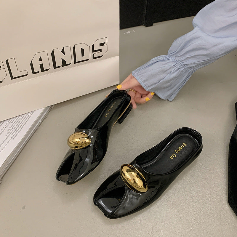 Women's Metallic Peep Toe Mule Sandals with Gold Buckle – Chic Low Heel Slip-On Shoes