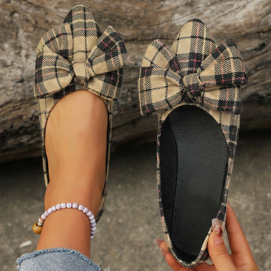 Women's Plaid Pointed Toe Flats with Big Bow - Classic Tartan Bowknot Ballet Flats