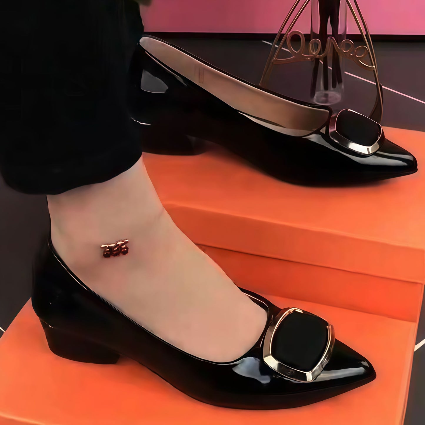 Women's Pointed Toe Low Block Heel Pumps with Gold Square Buckle