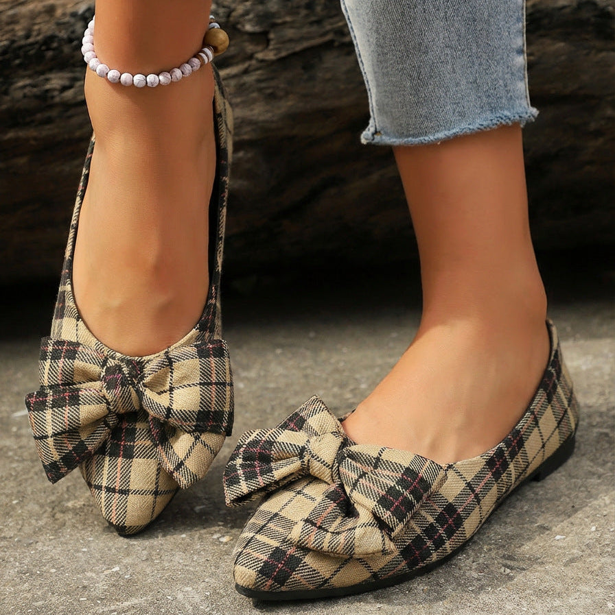 Women's Plaid Pointed Toe Flats with Big Bow - Classic Tartan Bowknot Ballet Flats