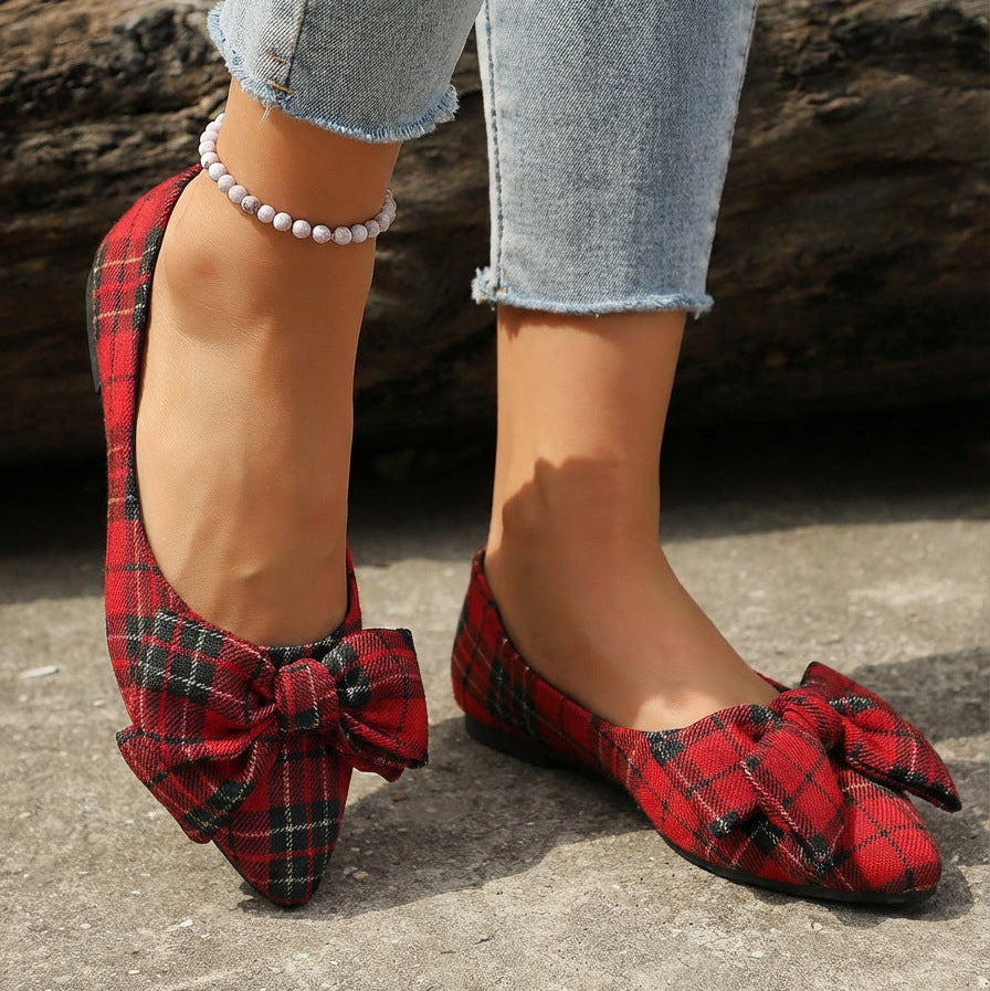 Women's Plaid Pointed Toe Flats with Big Bow - Classic Tartan Bowknot Ballet Flats