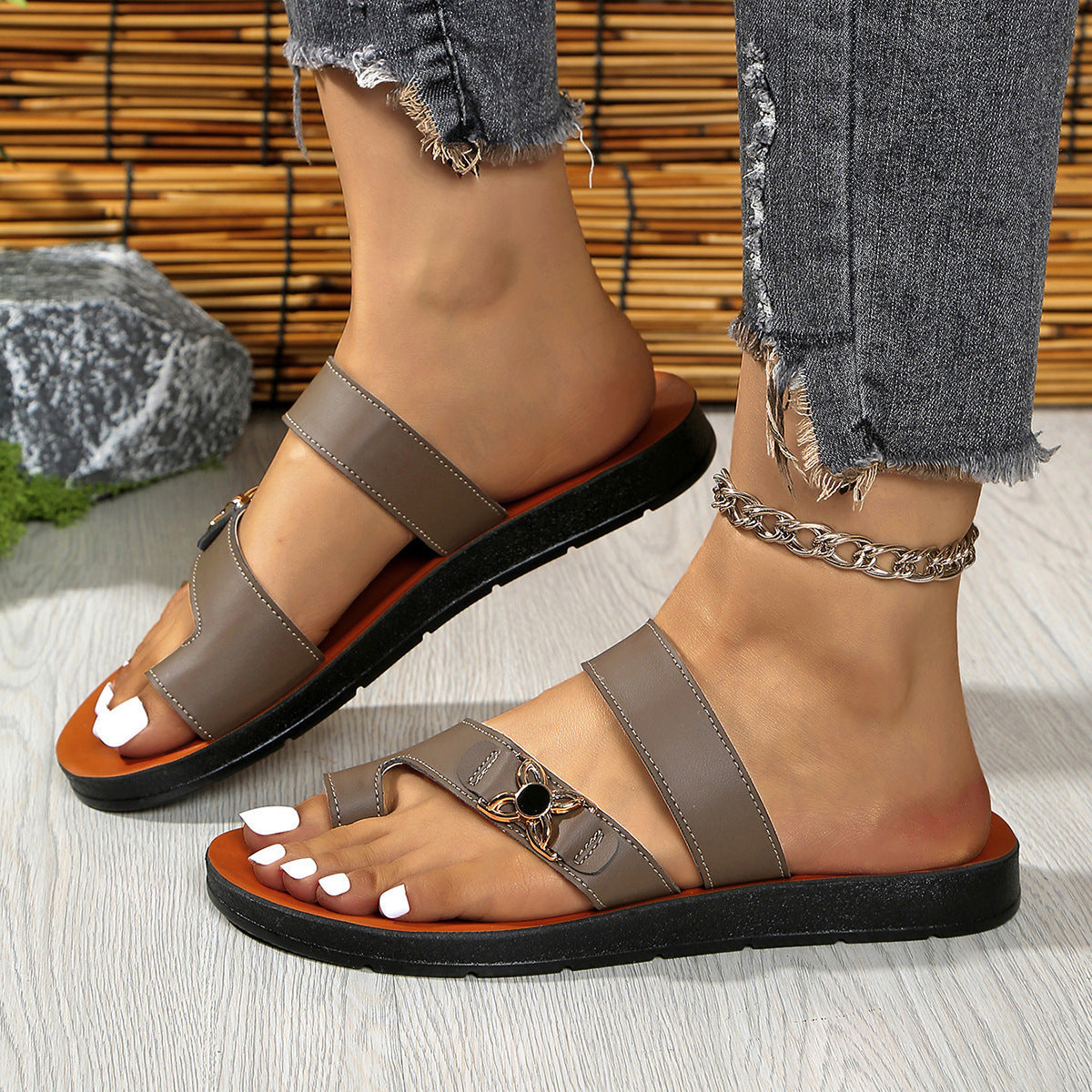 Women's Double Strap Toe Ring Flat Sandals with Flower Buckle – Casual Comfy Summer Slides