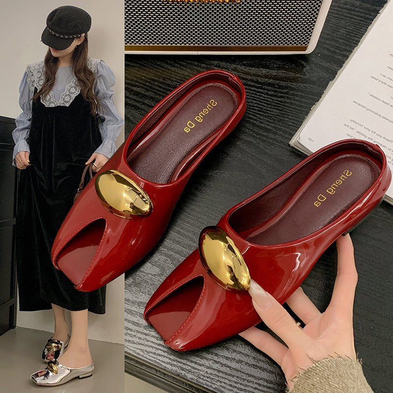 Women's Metallic Peep Toe Mule Sandals with Gold Buckle – Chic Low Heel Slip-On Shoes