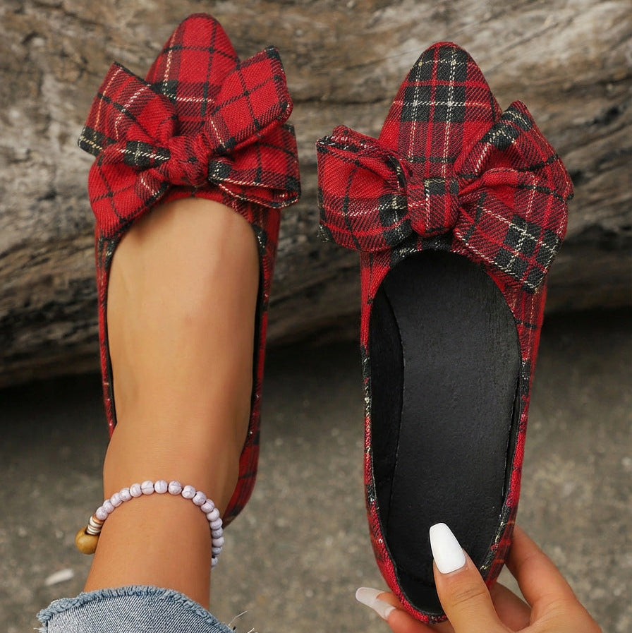 Women's Plaid Pointed Toe Flats with Big Bow - Classic Tartan Bowknot Ballet Flats