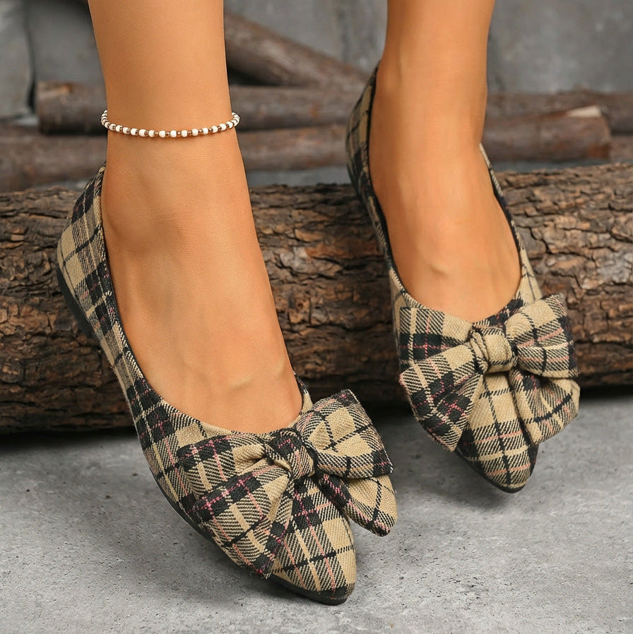 Women's Plaid Pointed Toe Flats with Big Bow - Classic Tartan Bowknot Ballet Flats