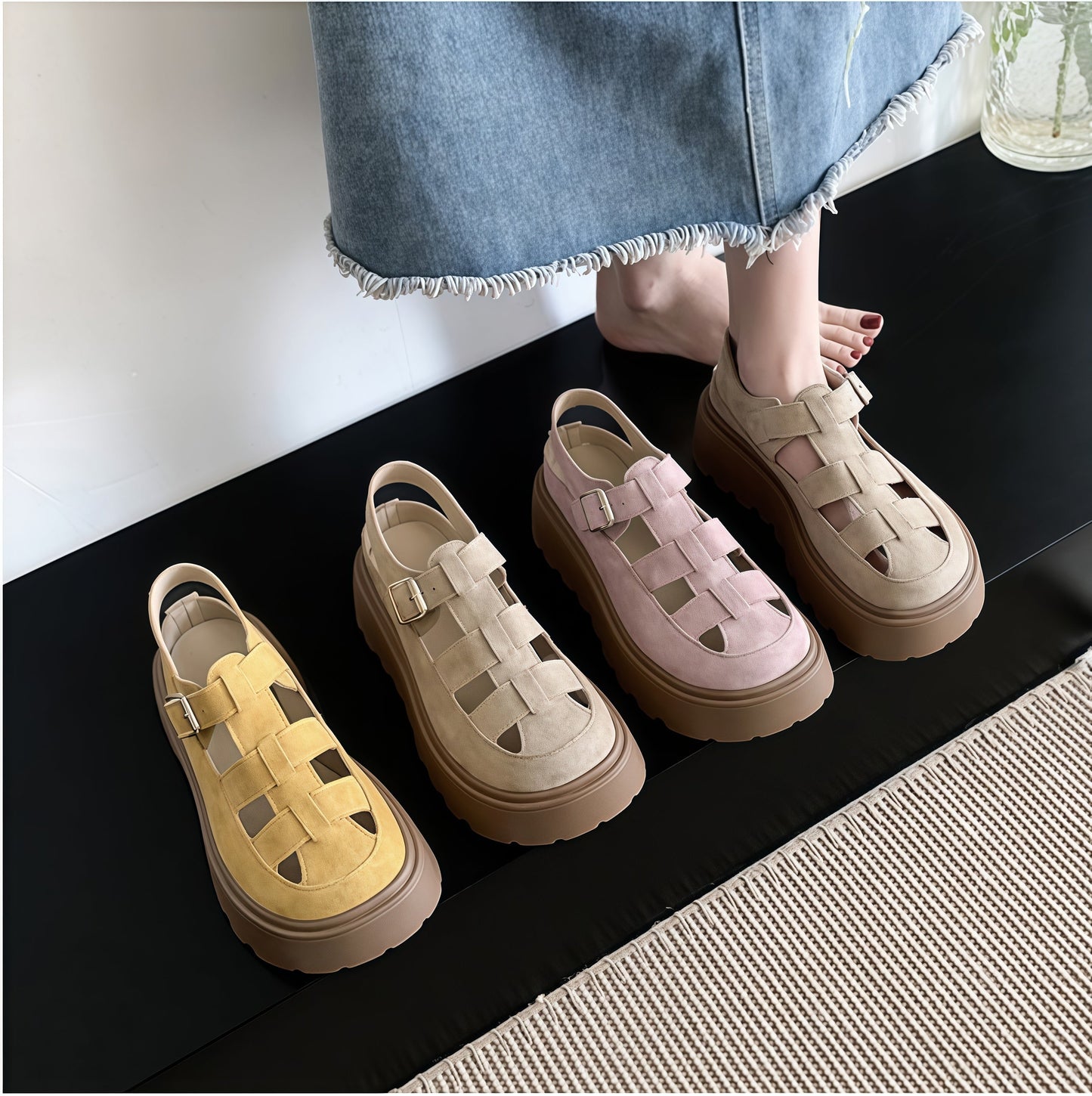 Women's Chunky Platform Mary Jane Sandals - Woven Cut-Out Buckle Flats