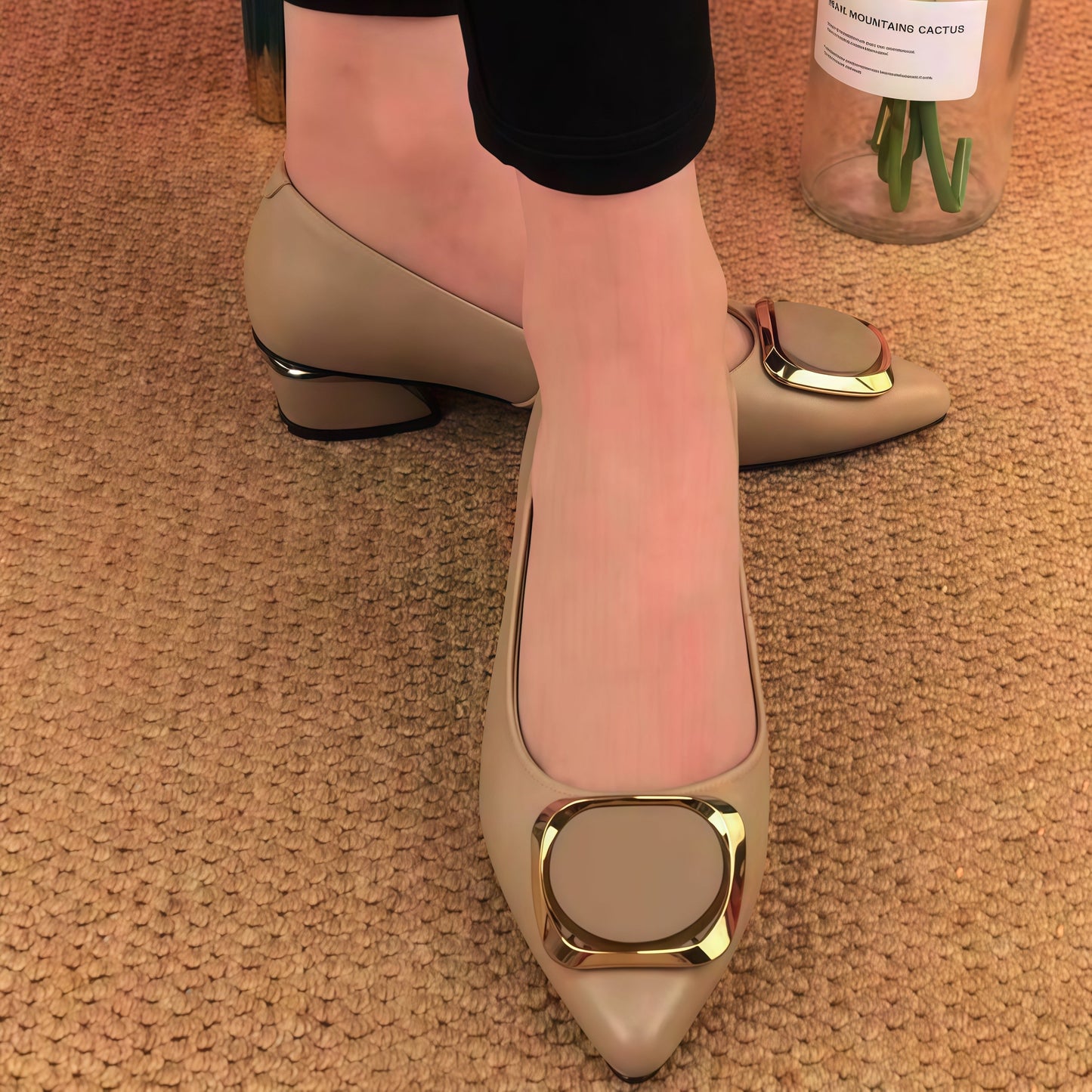 Women's Pointed Toe Low Block Heel Pumps with Gold Square Buckle